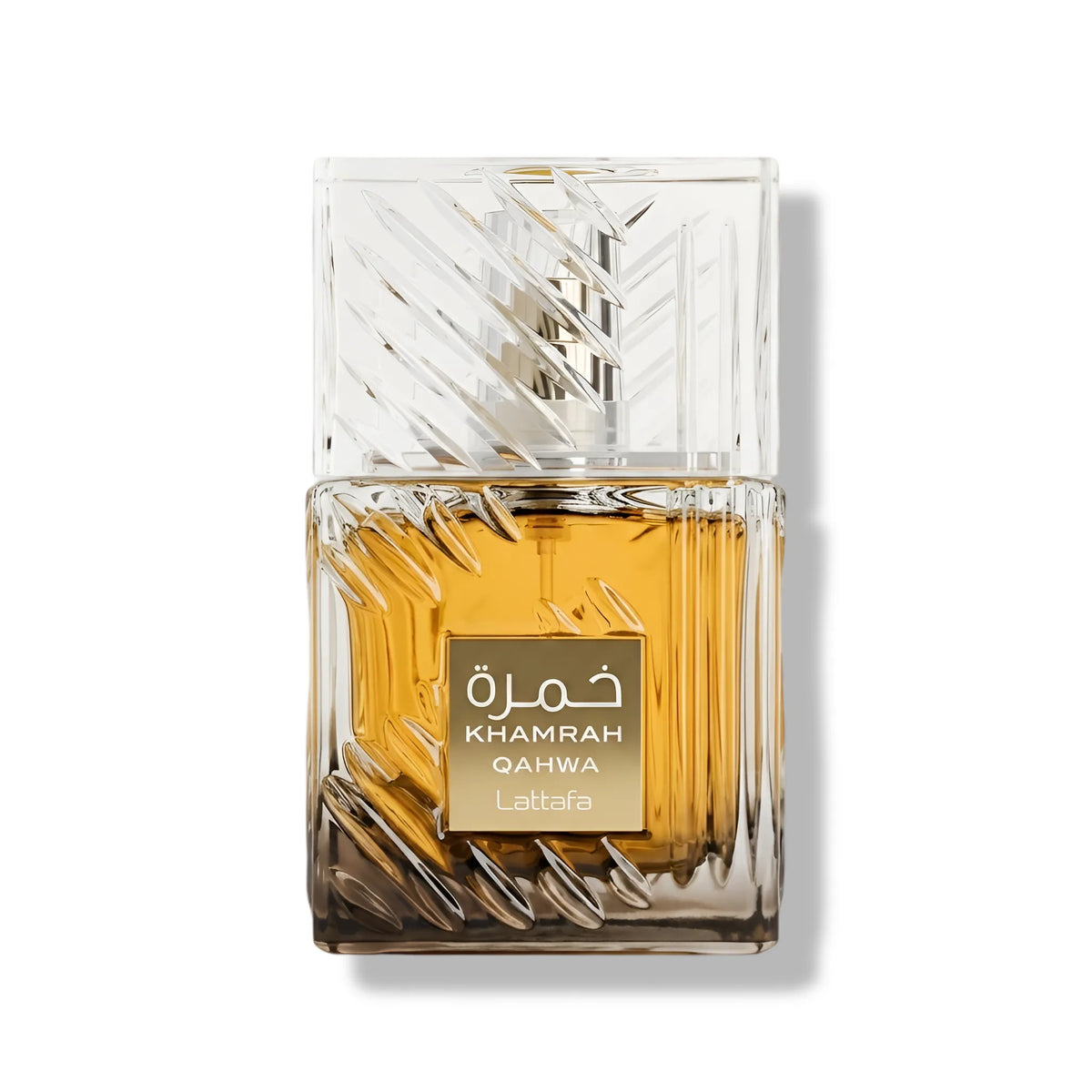Authentic Lattafa Khamrah Qahwa Arabian perfume bottle with golden amber liquid, known for coffee and spice notes